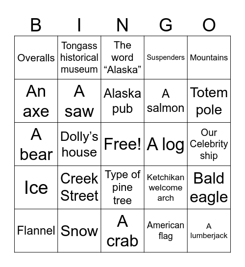 Ketchikan Port of Call Bingo Card