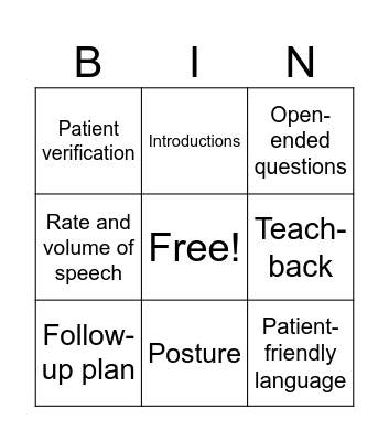 Patient Education Bingo Card