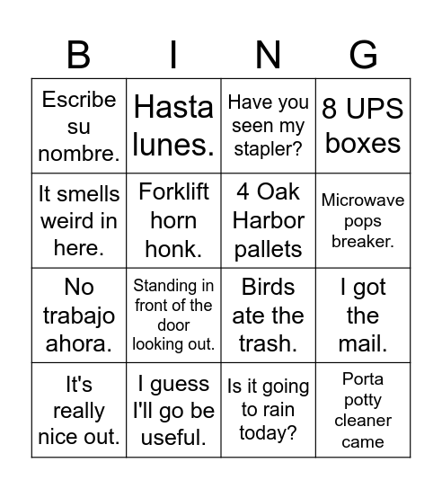 Work Bingo Card