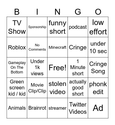 Youtube Shorts Bingo Card