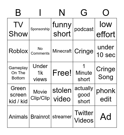 Youtube Shorts Bingo Card