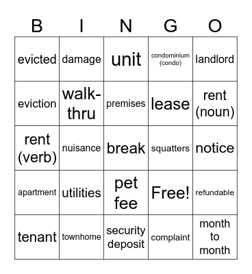 MOVING IN - LANDLORD / TENANT VOCABULARY Bingo Card