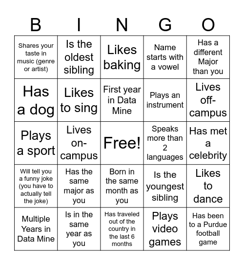 Data Mine Bingo Card