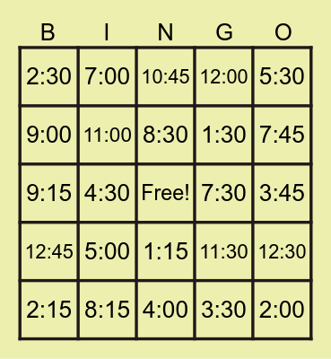 DIGITAL TIME BINGO Card