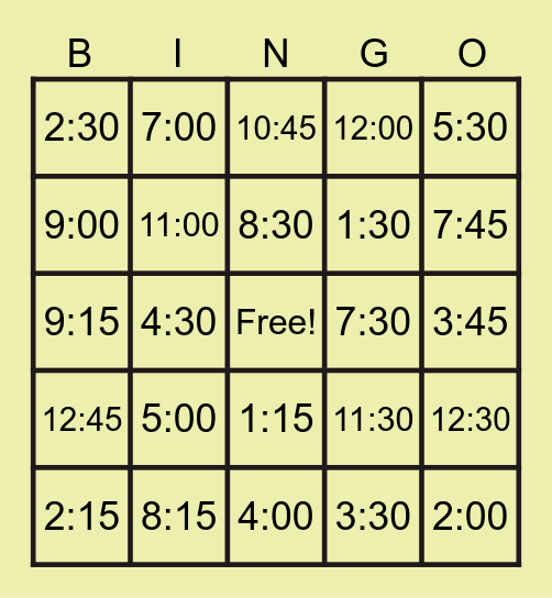 DIGITAL TIME BINGO Card
