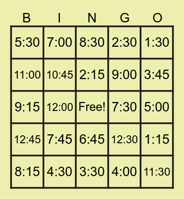 DIGITAL TIME BINGO Card