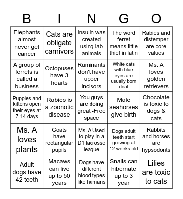 Animal science Bingo Card