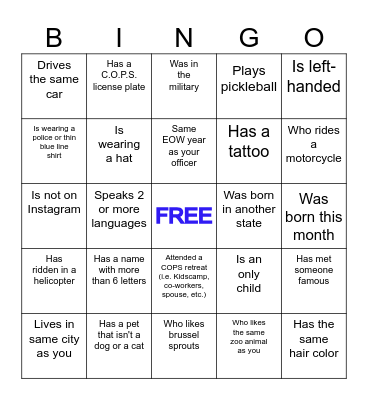 C.O.P.S. Human Bingo Card