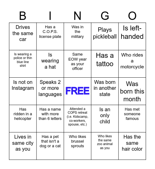 C.O.P.S. Human Bingo Card