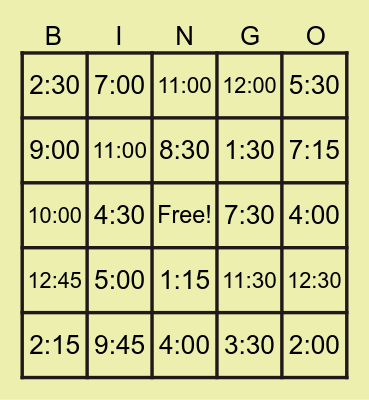DIGITAL TIME BINGO Card