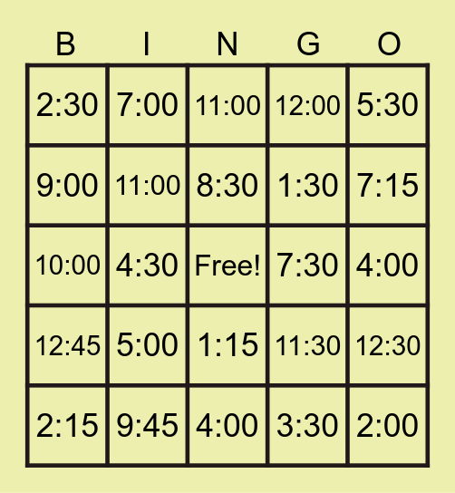DIGITAL TIME BINGO Card