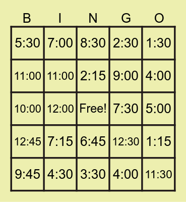 DIGITAL TIME BINGO Card