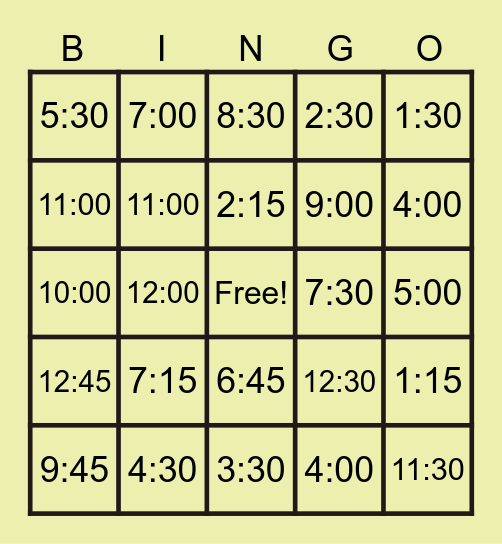 DIGITAL TIME BINGO Card