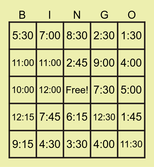 DIGITAL TIME BINGO Card