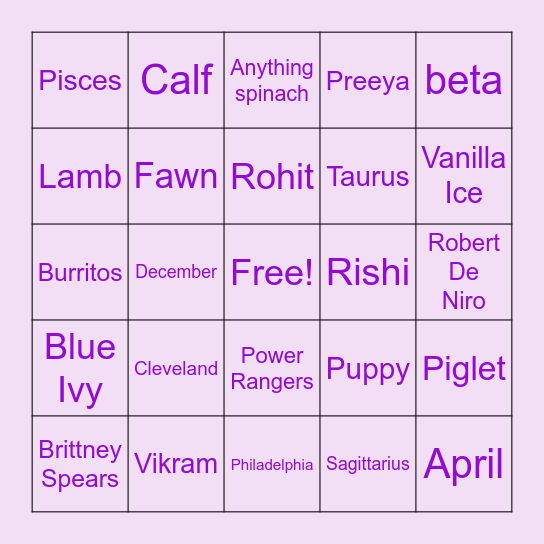 Sonia & Rahul's Baby Shower Bingo Card