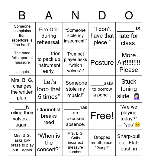 Band Rehearsal Bingo Card