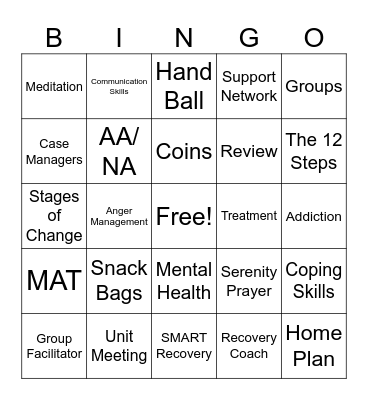 Recovery Bingo Card