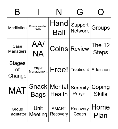 Recovery Bingo Card