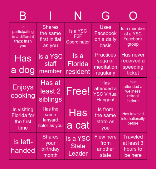 YSC Wellness Summit 2024 --                     Find Someone Who... Bingo Card