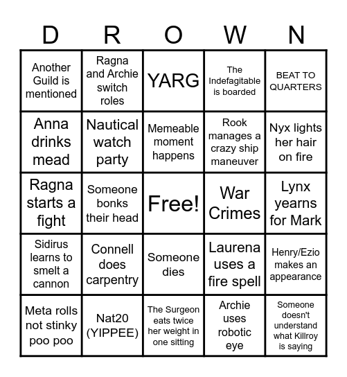 Nautical Drown & Suffer Bingo Card