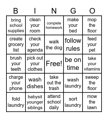 Responsibilities Bingo Card