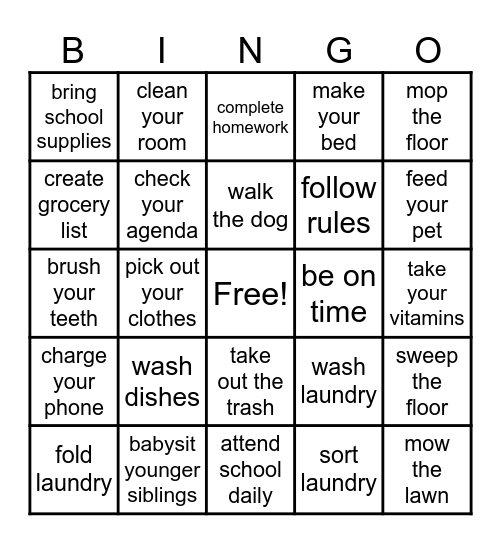 Responsibilities Bingo Card