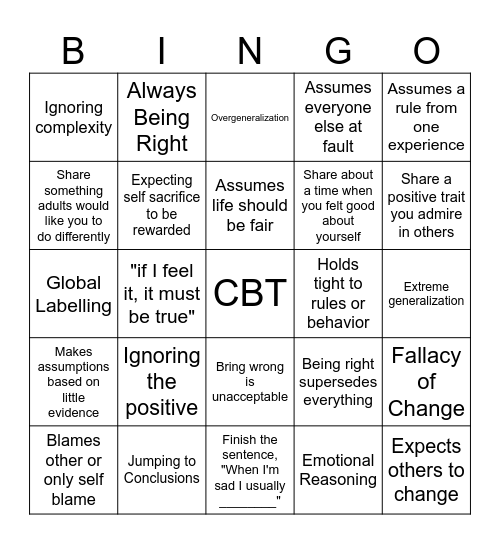 Cognitive Behavioral Therapy BINGO Card