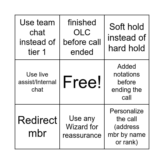 Call Control Bingo Card