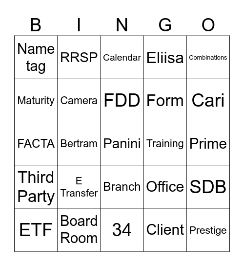 Banker's Bingo Card