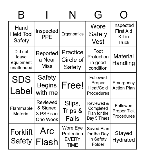 CEC Safety Bingo Card