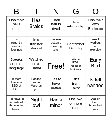 BWU Bingo Card
