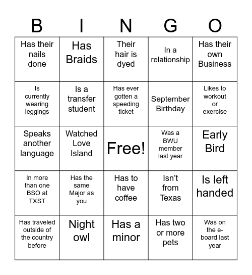 BWU Bingo Card