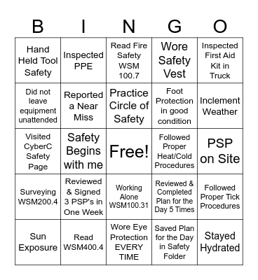 CEC Safety Bingo Card