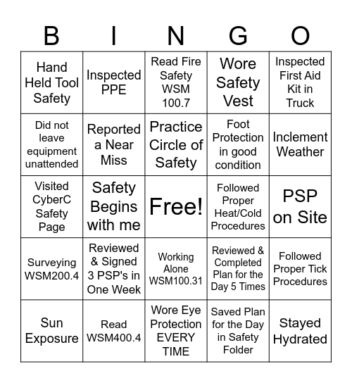 CEC Safety Bingo Card