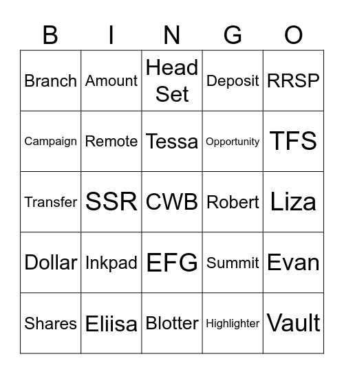 Banking Bingo Card