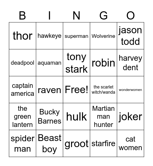 DC AND MARVEL Bingo Card