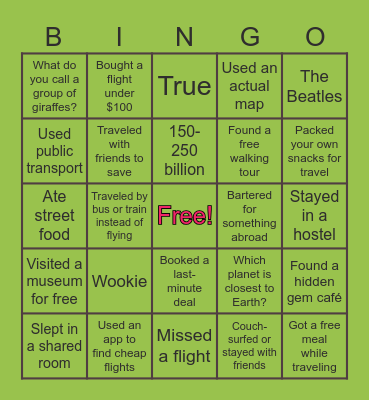 Travel Hack Bingo Card