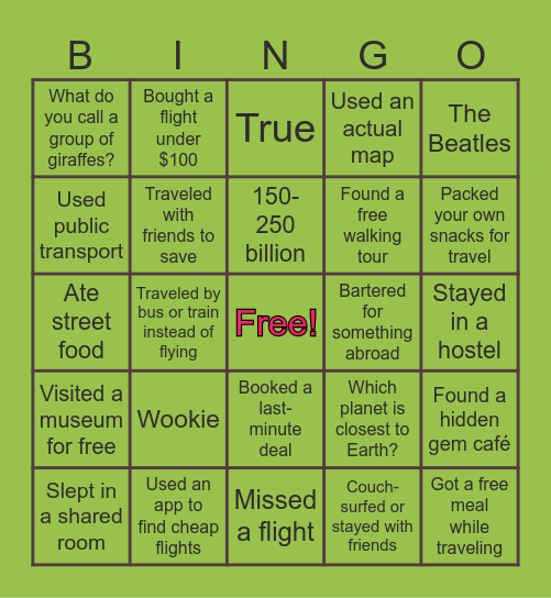 Travel Hack Bingo Card