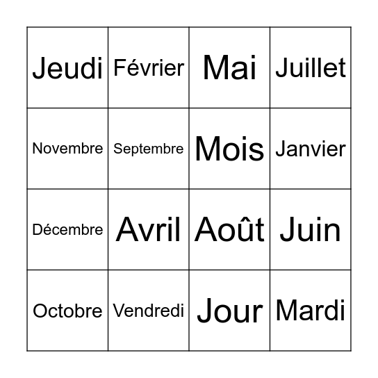 Jours de la Semaine/ Mois de l'Année Bingo Card