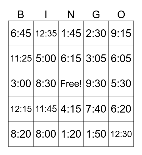 Clocks Bingo Card