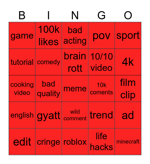 shorts bingo Card