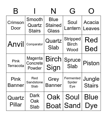 25 Random Minecraft Items Bingo Card