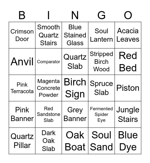 25 Random Minecraft Items Bingo Card