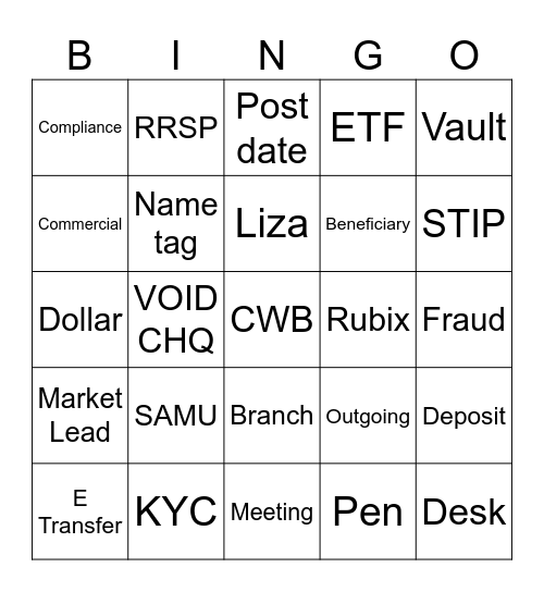 Banking Bingo Card