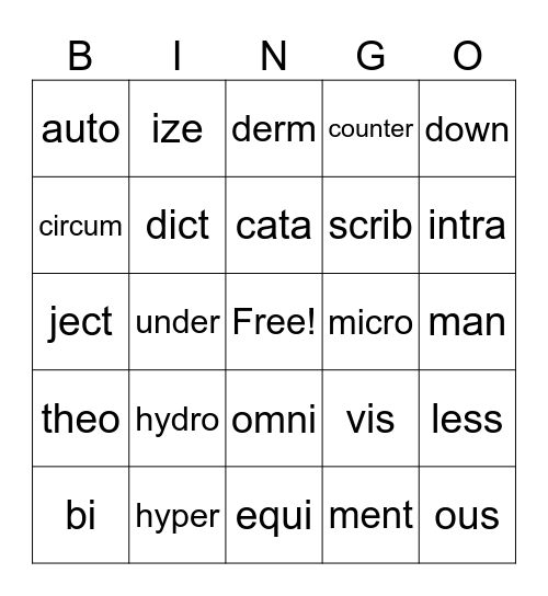 Affixes and Roots Bingo Card
