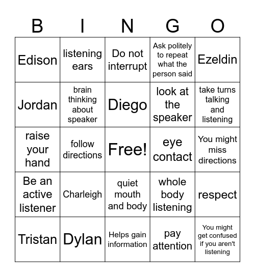 Listening Bingo Card