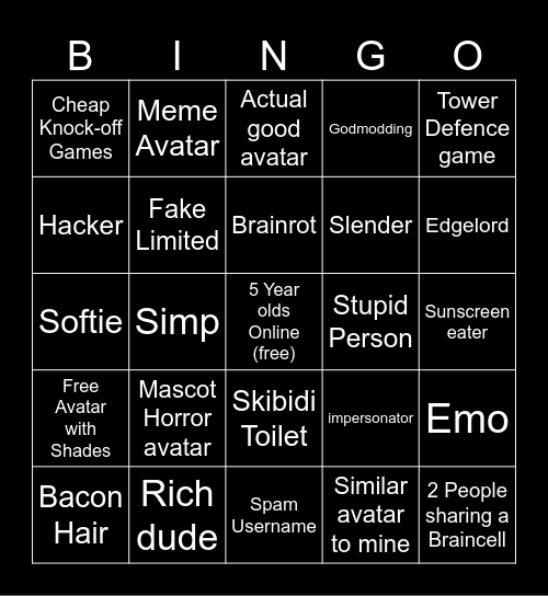 Roblox Card Bingo Card
