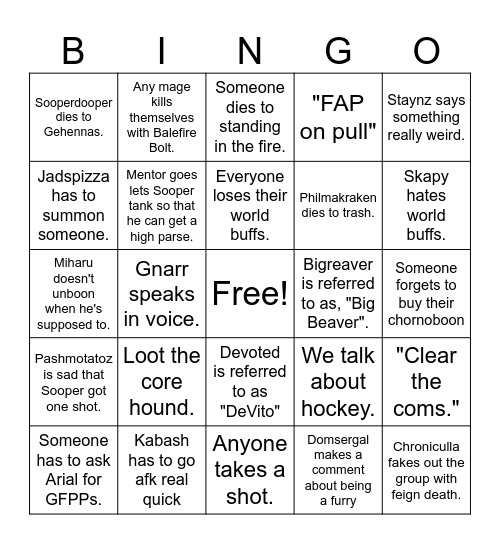 Purgatorial Bingo Card