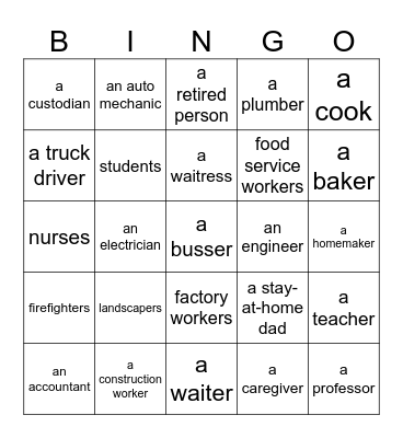 Occupations Bingo Card