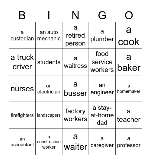 Occupations Bingo Card